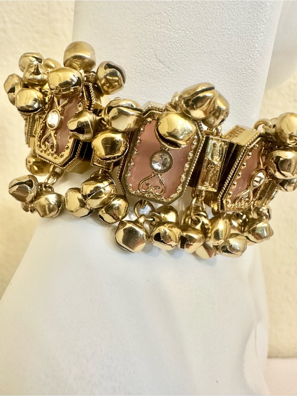 6-7.5” VTG India Gold & Pink Charm Bell Bracelet (Gold Plating over Brass)